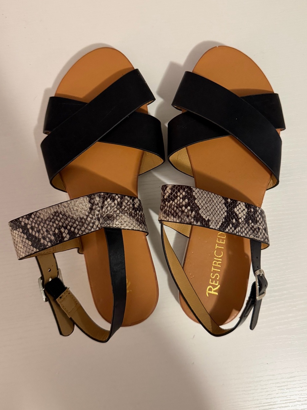 Black & Tan Sandals with Snake-Print Ankle Strap